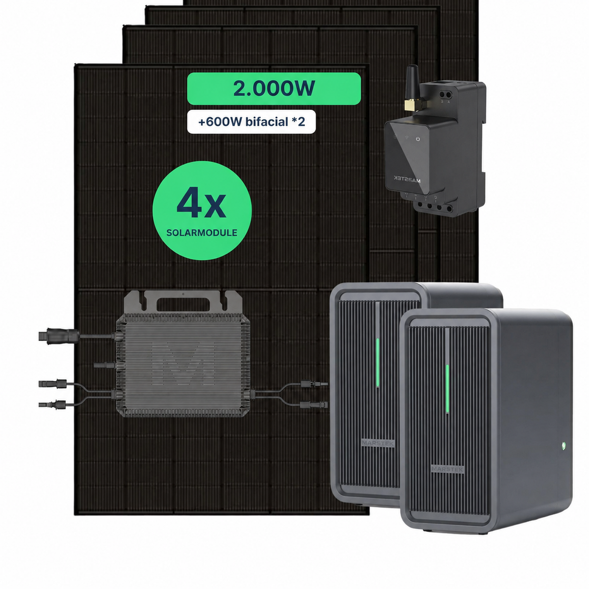 Balkonkraftwerk 2000W Komplettset – vier bifaziale Solarmodule, Mikrowechselrichter und zwei Marstek B2500-D Speicher
