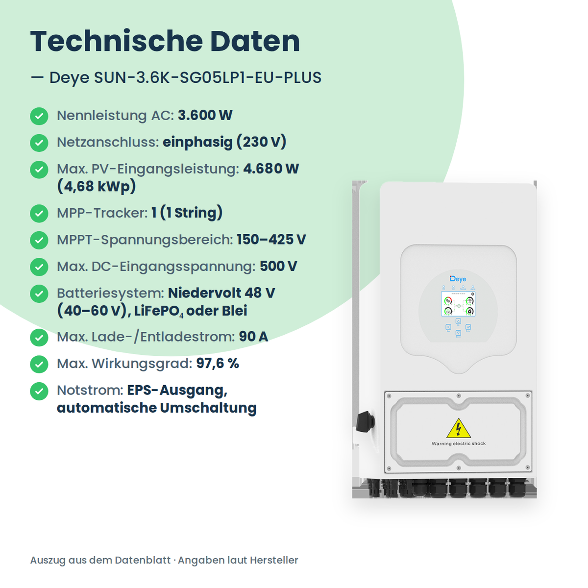 Deye SUN-3.6K-SG05LP1-EU-PLUS – Onduleur hybride 3,6 kW monophasé pour batterie basse tension