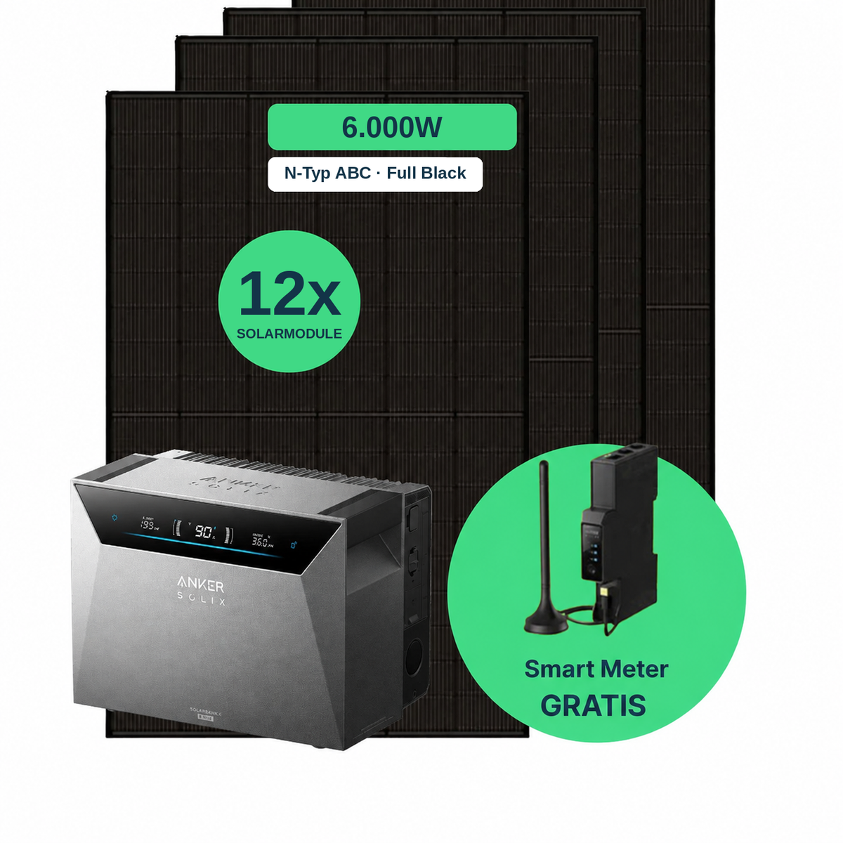 Balkonkraftwerk 6.000 W Komplettset mit 12 Solarmodulen (AIKO 500 W Full Black), Anker SOLIX Solarbank 4 Pro und gratis Smart Meter