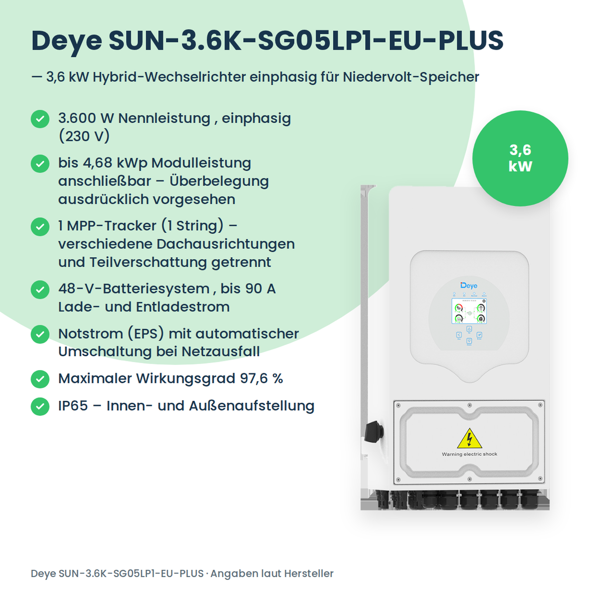 Deye SUN-3.6K-SG05LP1-EU-PLUS – Onduleur hybride 3,6 kW monophasé pour batterie basse tension
