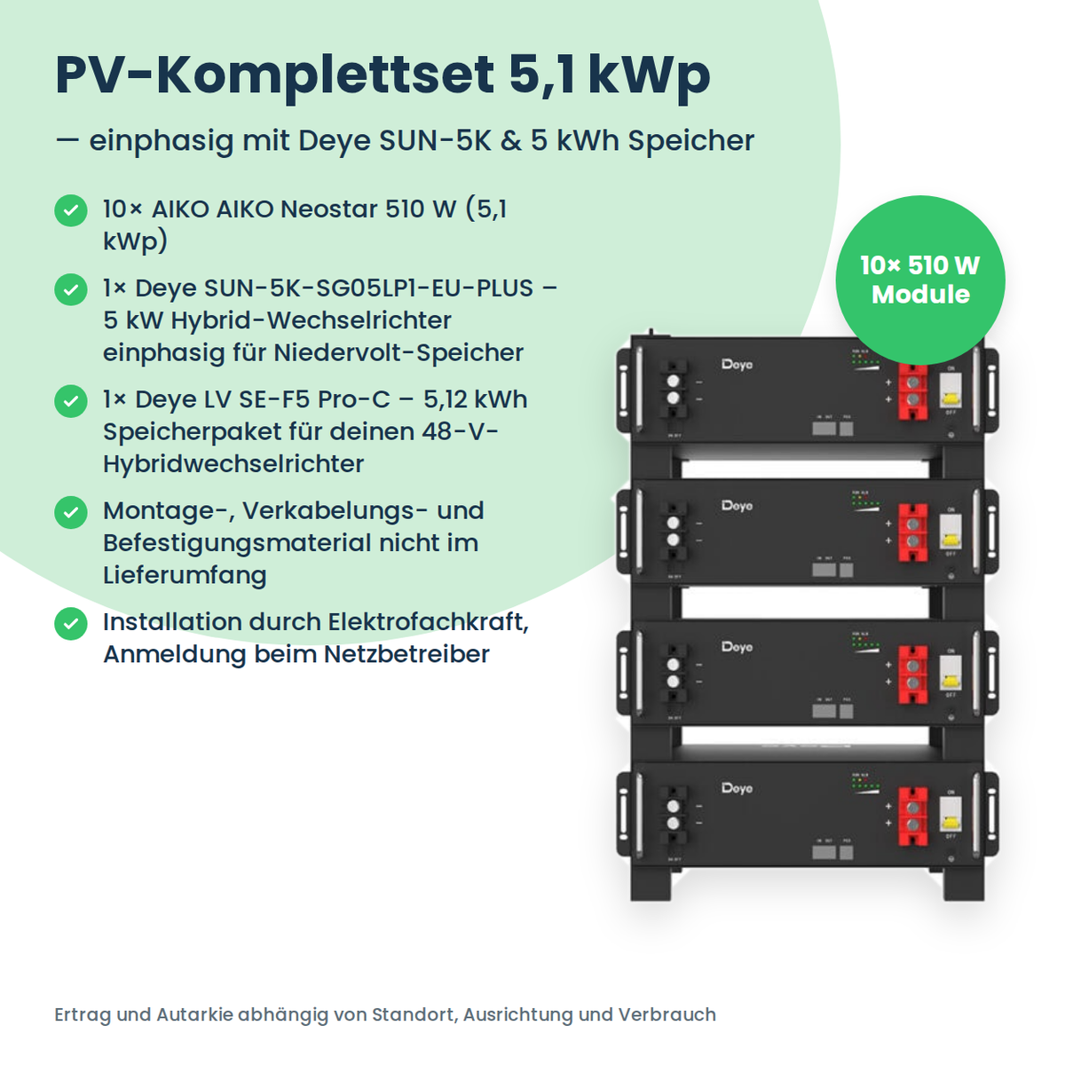 Kit PV complet 5,1 kWc | 10× AIKO Neostar 510W + Deye SUN-5K-SG05LP1 + Deye LV SE-F5 Pro-C