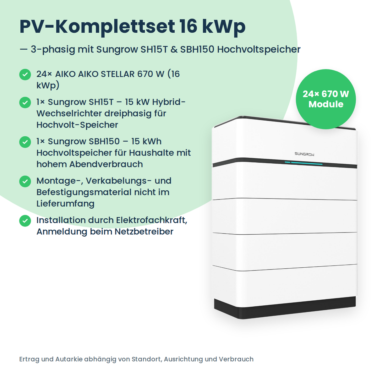 Kit PV complet 16 kWc triphasé | 24× AIKO STELLAR 670W + Sungrow SH15T + Sungrow SBH150