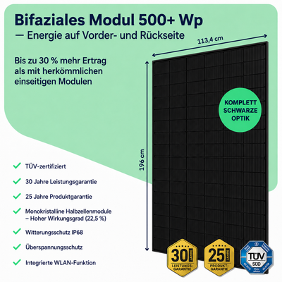 Bifaziales Glas-Glas-Solarmodul 500 Wp des 6000W-Sets – Infografik mit Maßen, Wirkungsgrad und Garantiezeiten