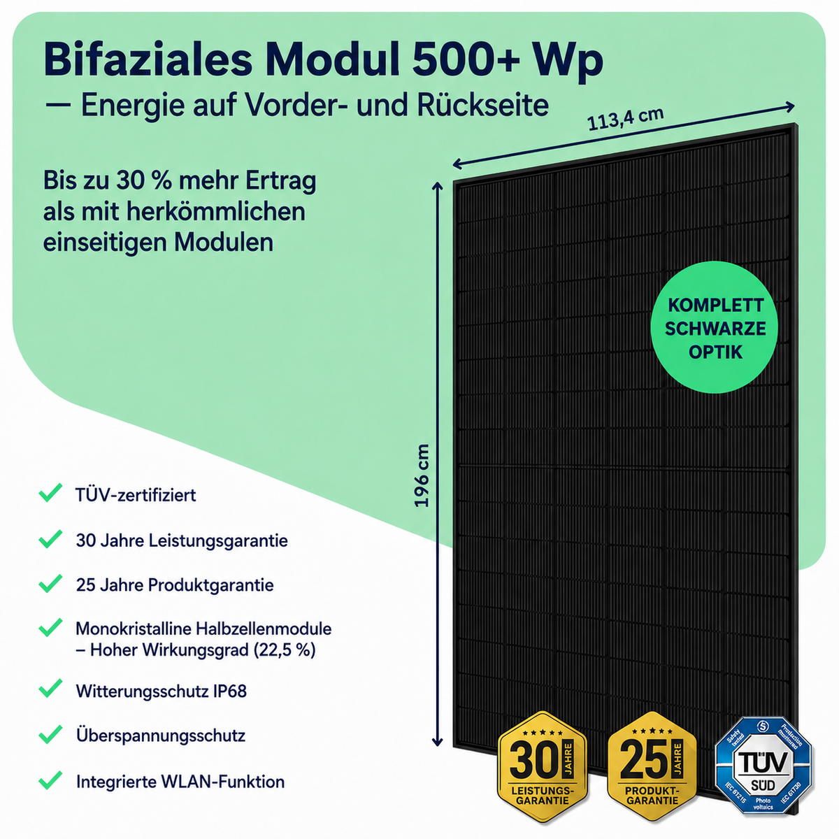 Bifaziales Glas-Glas-Solarmodul 500 Wp – Infografik mit Maßen 113,4 × 196 cm, Wirkungsgrad und Garantiezeiten