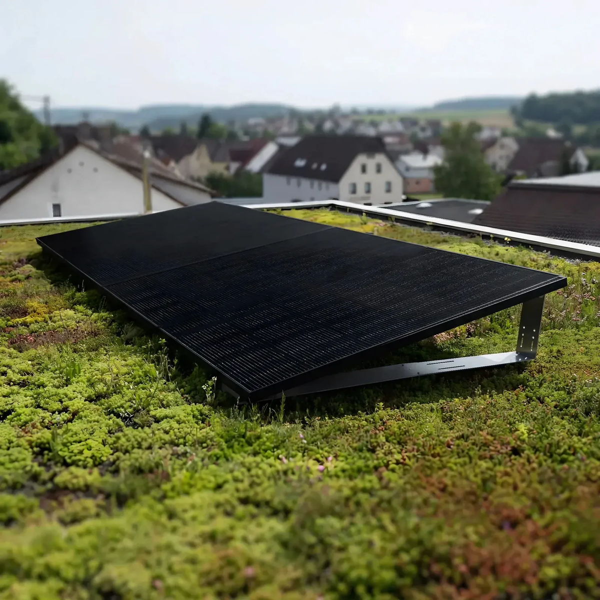 Aufgeständertes Solarmodul des Balkonkraftwerks auf einem begrünten Flachdach
