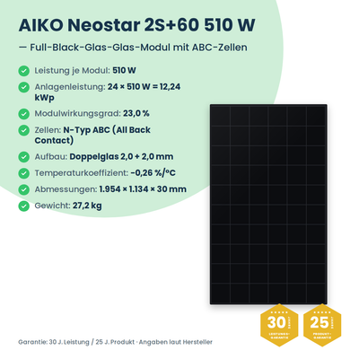 Kit PV complet 12,24 kWc triphasé | 24× AIKO Neostar 510W + Deye SUN-12K-SG05LP3 + Deye LV SE-F16-C