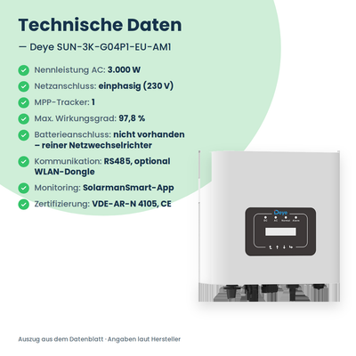 Deye SUN-3K-G04P1-EU-AM1 – onduleur string monophasé 3 kW avec 1 tracker MPP