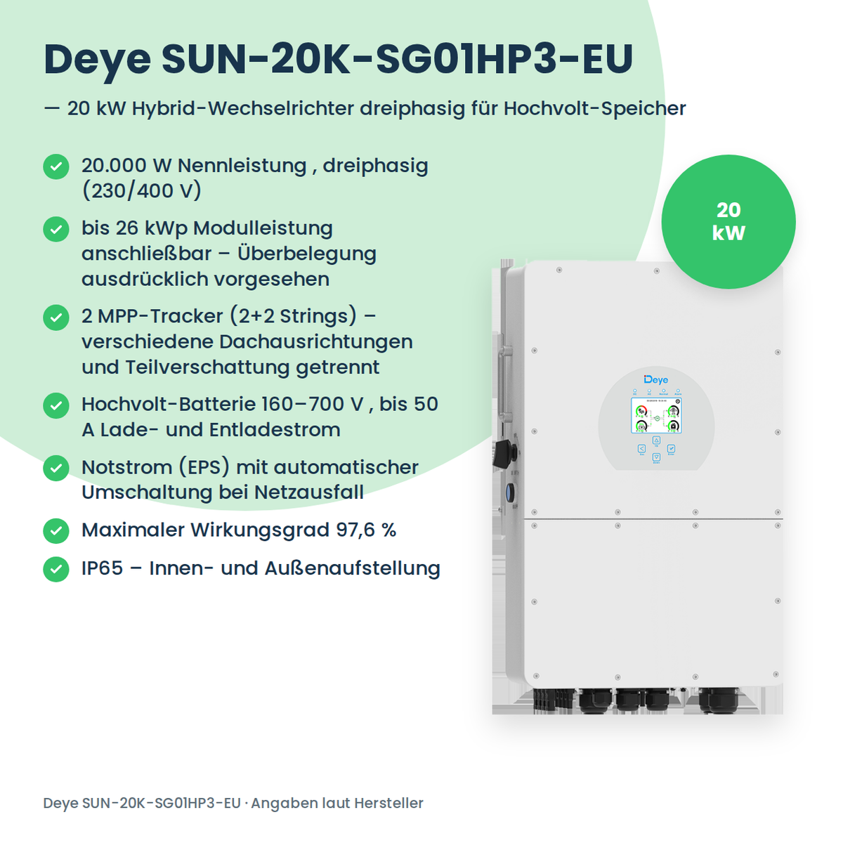 Deye SUN-20K-SG01HP3-EU – Onduleur hybride triphasé 20 kW pour batteries haute tension