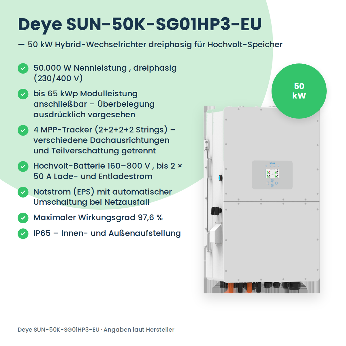 Deye SUN-50K-SG01HP3-EU – Onduleur hybride triphasé 50 kW pour batteries haute tension