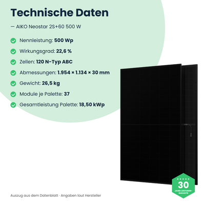AIKO Neostar 2S+60 500 W – technische Daten, 1.954 × 1.134 × 30 mm, 26,5 kg