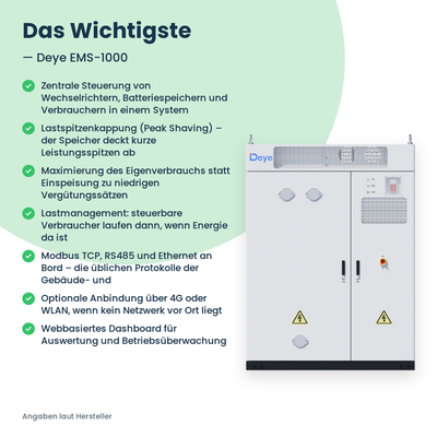 Deye EMS-1000 Infografik „Das Wichtigste“: zentrale Steuerung von Wechselrichtern, Speichern und Verbrauchern, 4G- und WLAN-Anbindung