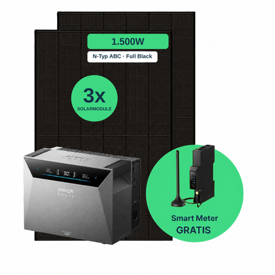 Balkonkraftwerk 1.500 W Komplettset mit 3 Solarmodulen (AIKO 500 W Full Black), Anker SOLIX Solarbank 4 Pro und gratis Smart Meter