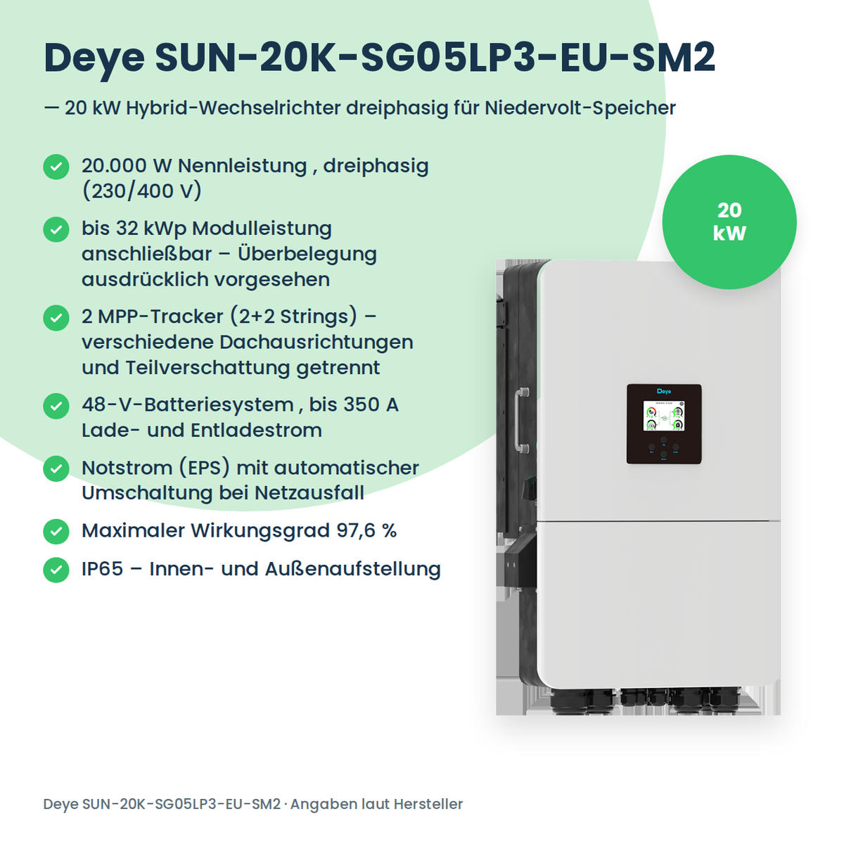 Deye SUN-20K-SG05LP3-EU-SM2 – onduleur hybride triphasé 20 kW pour batterie basse tension