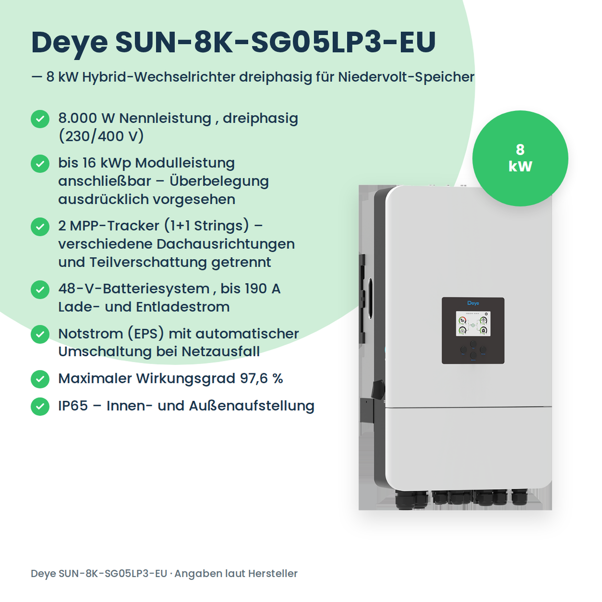Deye SUN-8K-SG05LP3-EU – Onduleur hybride 8 kW triphasé pour batterie basse tension