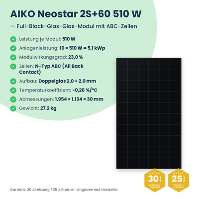 Kit PV complet 5,1 kWc | 10× AIKO Neostar 510W + Deye SUN-5K-SG05LP1 + Deye LV SE-F5 Pro-C