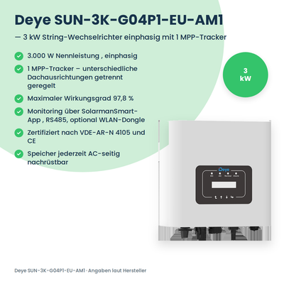 Deye SUN-3K-G04P1-EU-AM1 – onduleur string monophasé 3 kW avec 1 tracker MPP