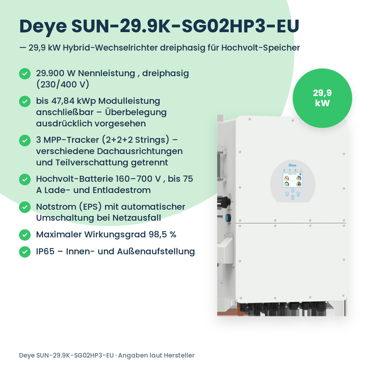 Deye SUN-29.9K-SG02HP3-EU – onduleur hybride triphasé 29,9 kW pour batteries haute tension