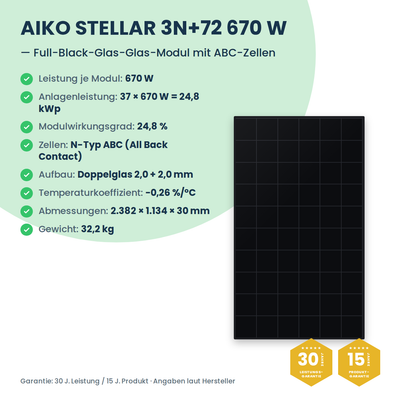 PV-Komplettset 24,8 kWp 3-ph. | 37× AIKO STELLAR 670W + Sungrow SH25T + Sungrow SBH250