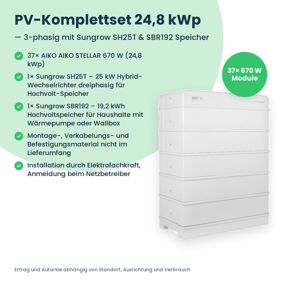 Kit photovoltaïque complet 24,8 kWc triphasé | 37× AIKO STELLAR 670W + Sungrow SH25T + Sungrow SBR192