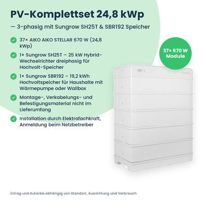 Kit photovoltaïque complet 24,8 kWc triphasé | 37× AIKO STELLAR 670W + Sungrow SH25T + Sungrow SBR192