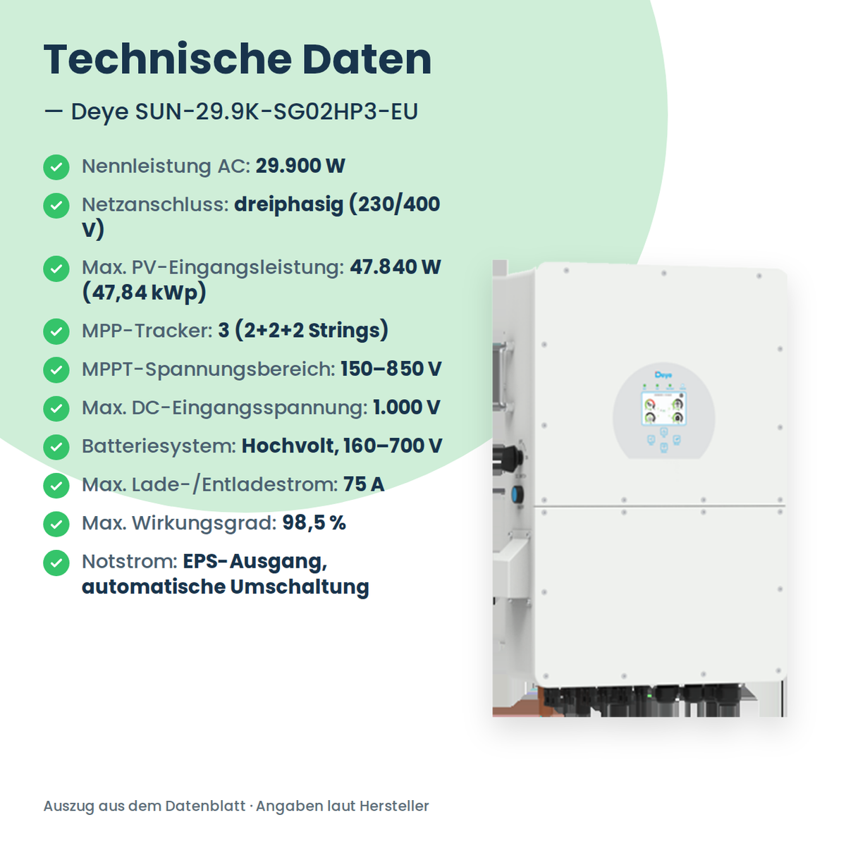 Deye SUN-29.9K-SG02HP3-EU – onduleur hybride triphasé 29,9 kW pour batteries haute tension