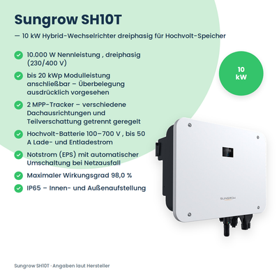 Sungrow SH10T – Onduleur hybride triphasé 10 kW pour batteries haute tension